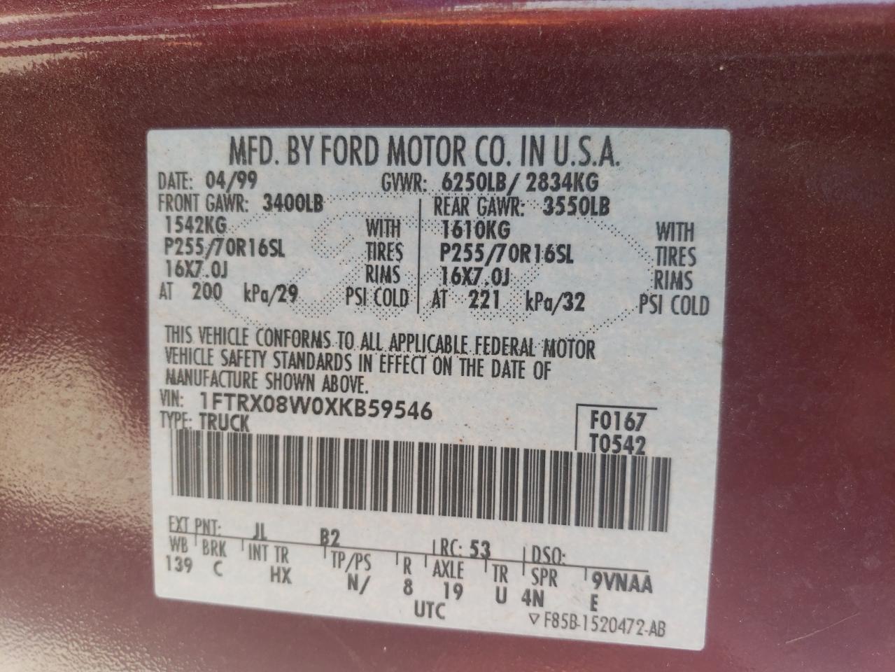 Photo 10 from auction – 1999 FORD F150 with VIN 1FTRX08W0XKB59546