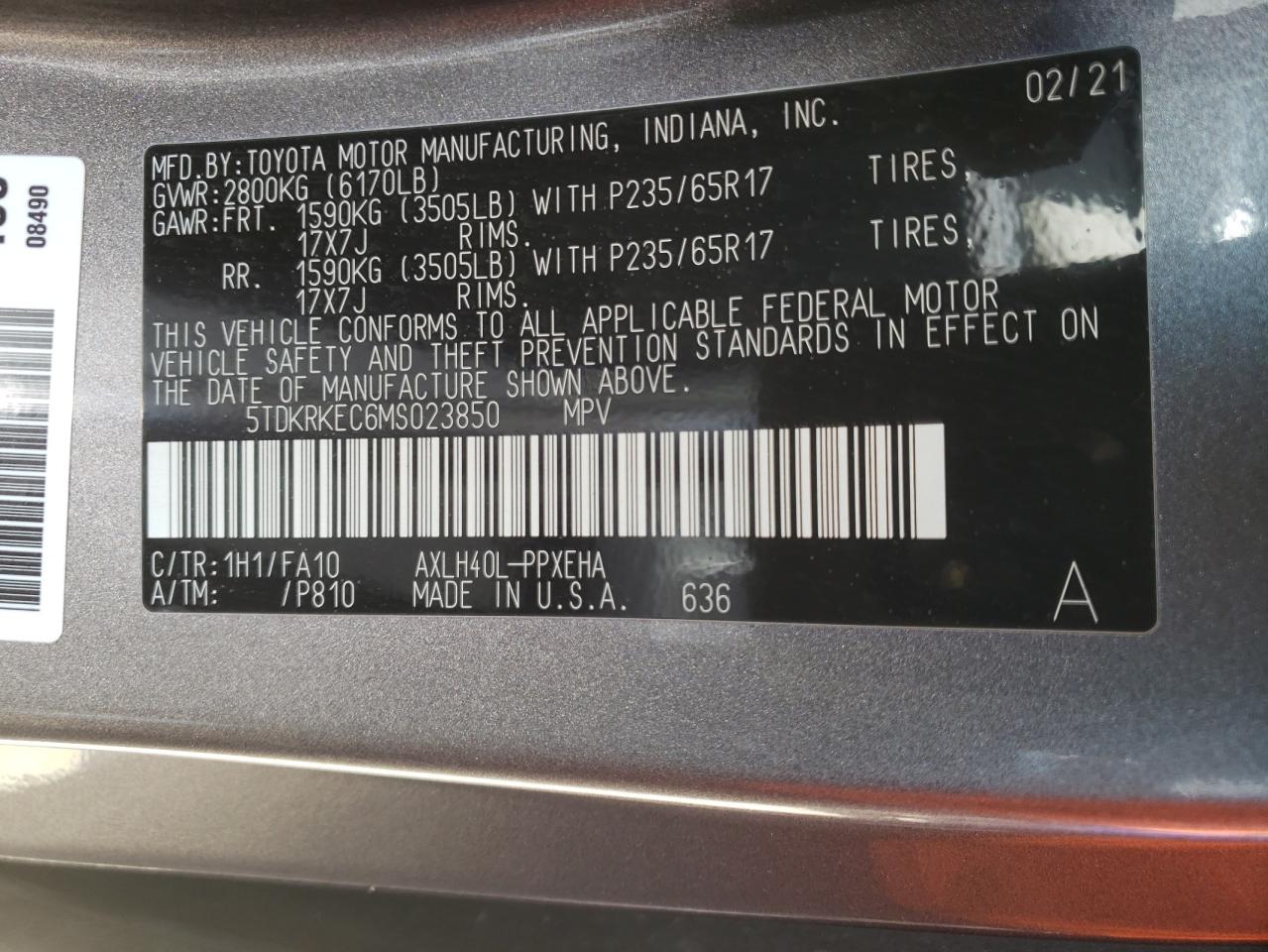 Photo 10 from auction – 2021 TOYOTA SIENNA LE with VIN 5TDKRKEC6MS023850