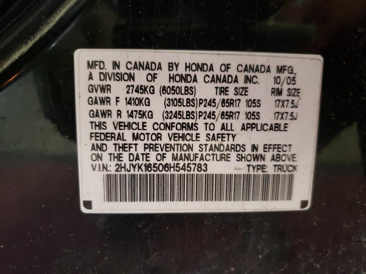 Photo 10 from auction – 2006 HONDA RIDGELINE with VIN 2HJYK16506H545783