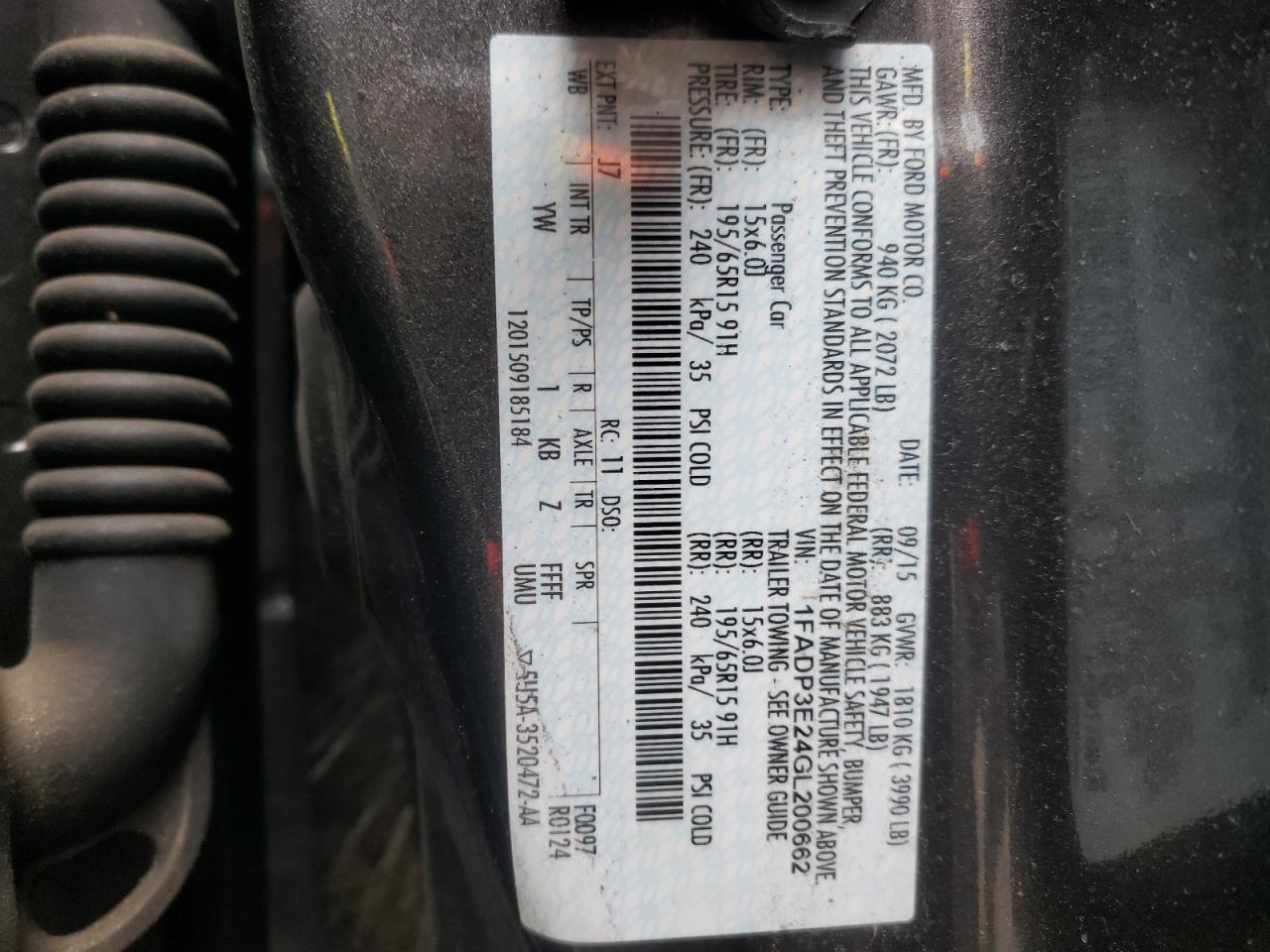 Photo 10 from auction – 2016 FORD FOCUS S with VIN 1FADP3E24GL200662