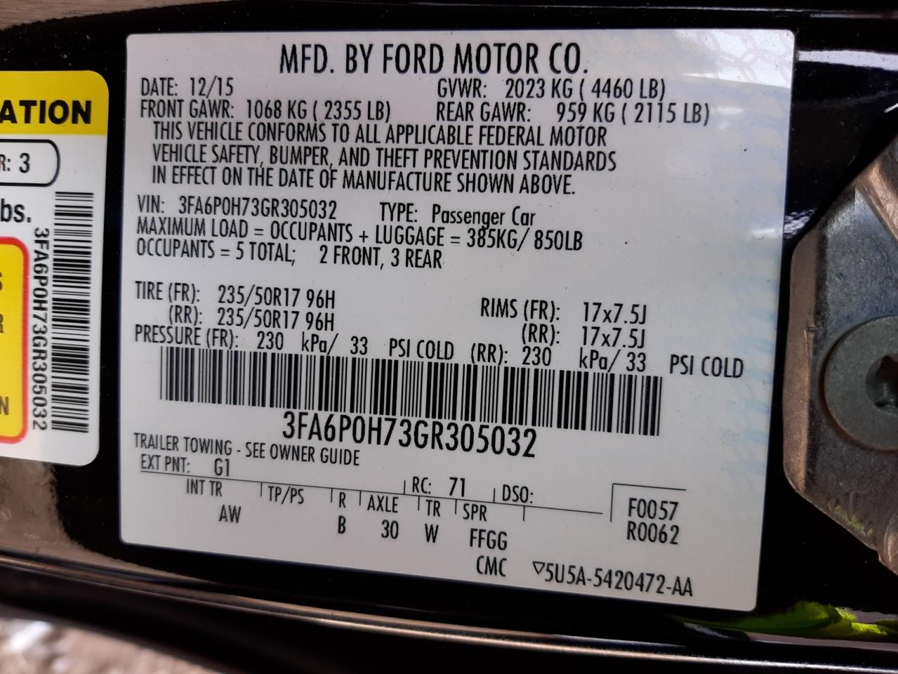 Photo 10 from auction – 2016 FORD FUSION SE with VIN 3FA6P0H73GR305032