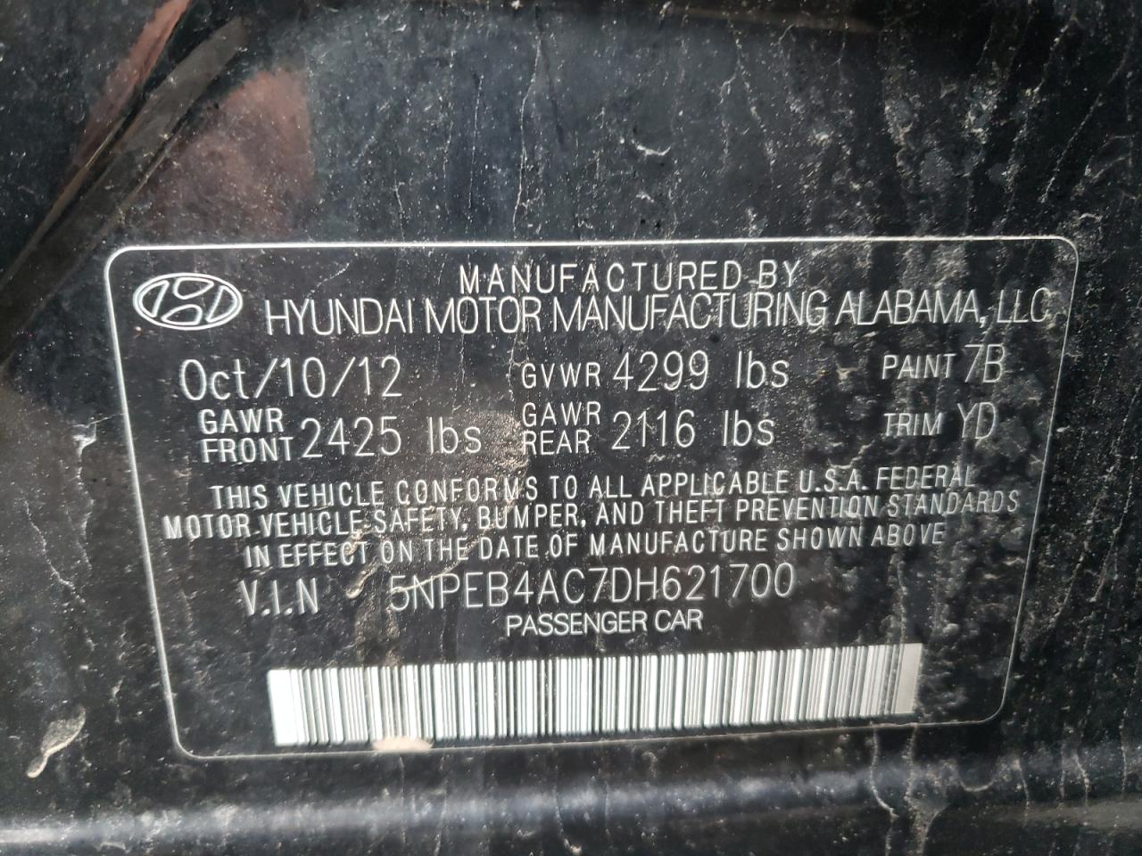Photo 10 from auction – 2013 HYUNDAI SONATA GLS with VIN 5NPEB4AC7DH621700