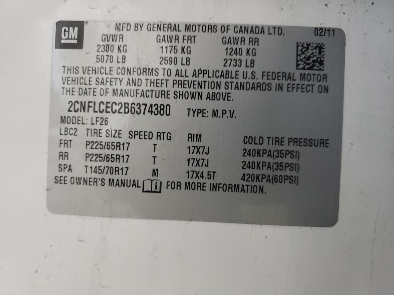 Photo 10 from auction – 2011 CHEVROLET EQUINOX LS with VIN 2CNFLCEC2B6374380