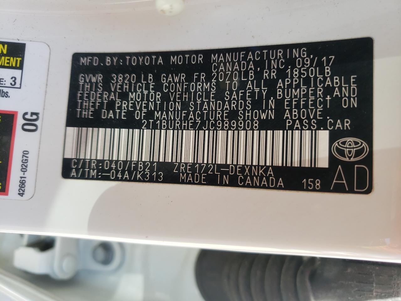 Photo 10 from auction – 2018 TOYOTA COROLLA L with VIN 2T1BURHE7JC989908