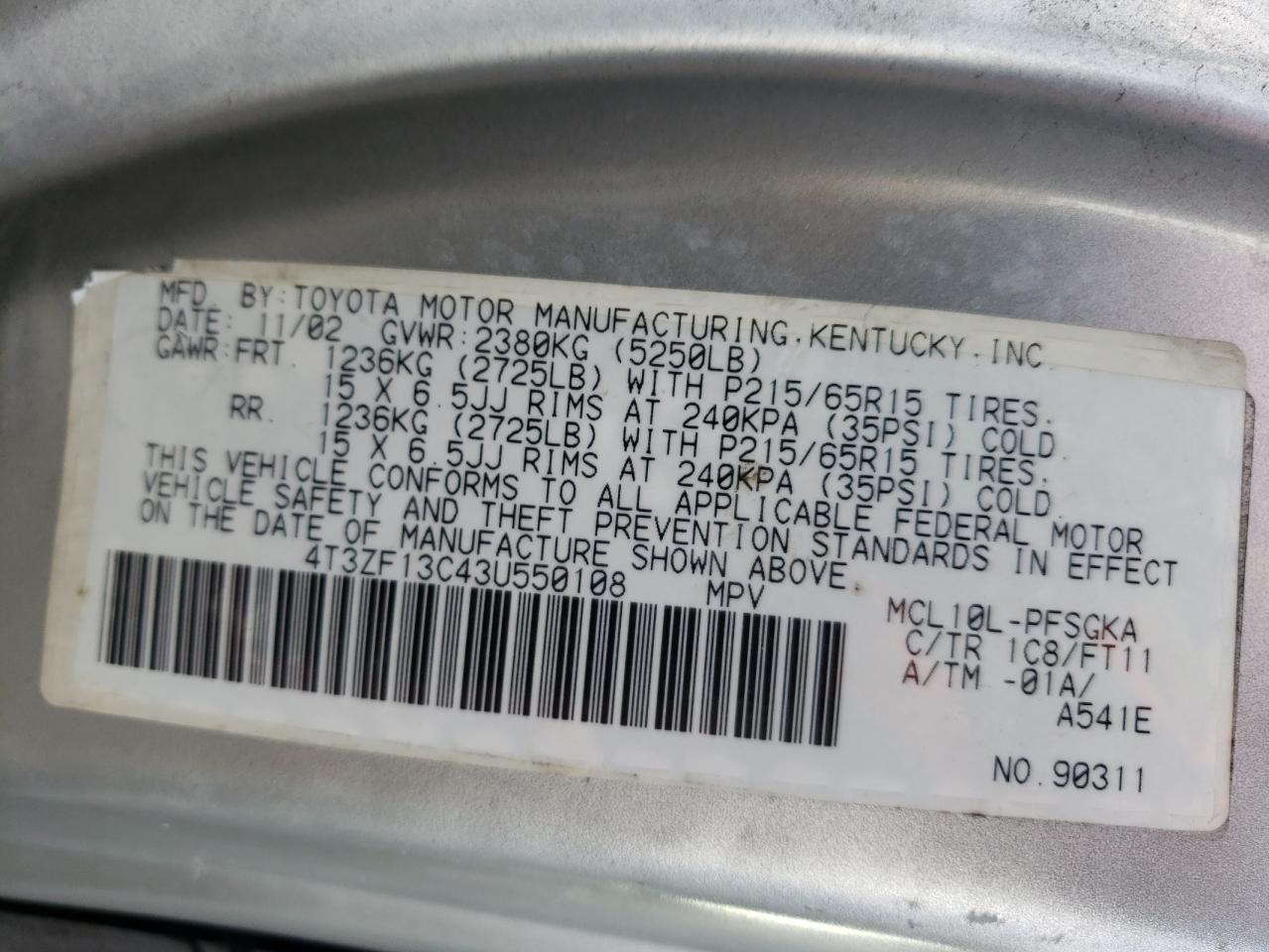 Photo 10 from auction – 2003 TOYOTA SIENNA LE with VIN 4T3ZF13C43U550108