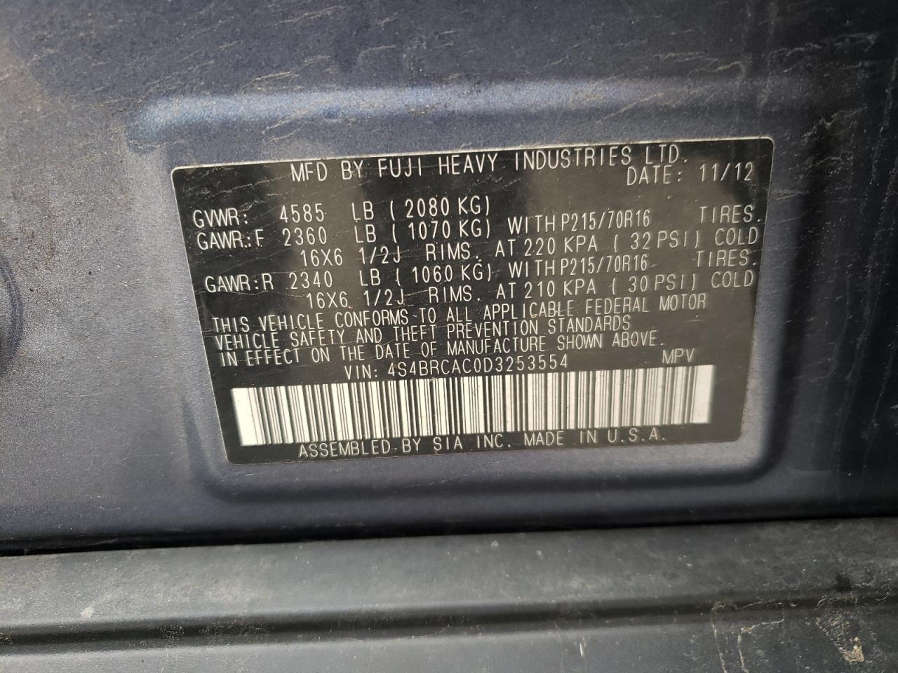 Photo 20 from auction – 2013 SUBARU OUTBACK with VIN 4S4BRCAC0D3253554