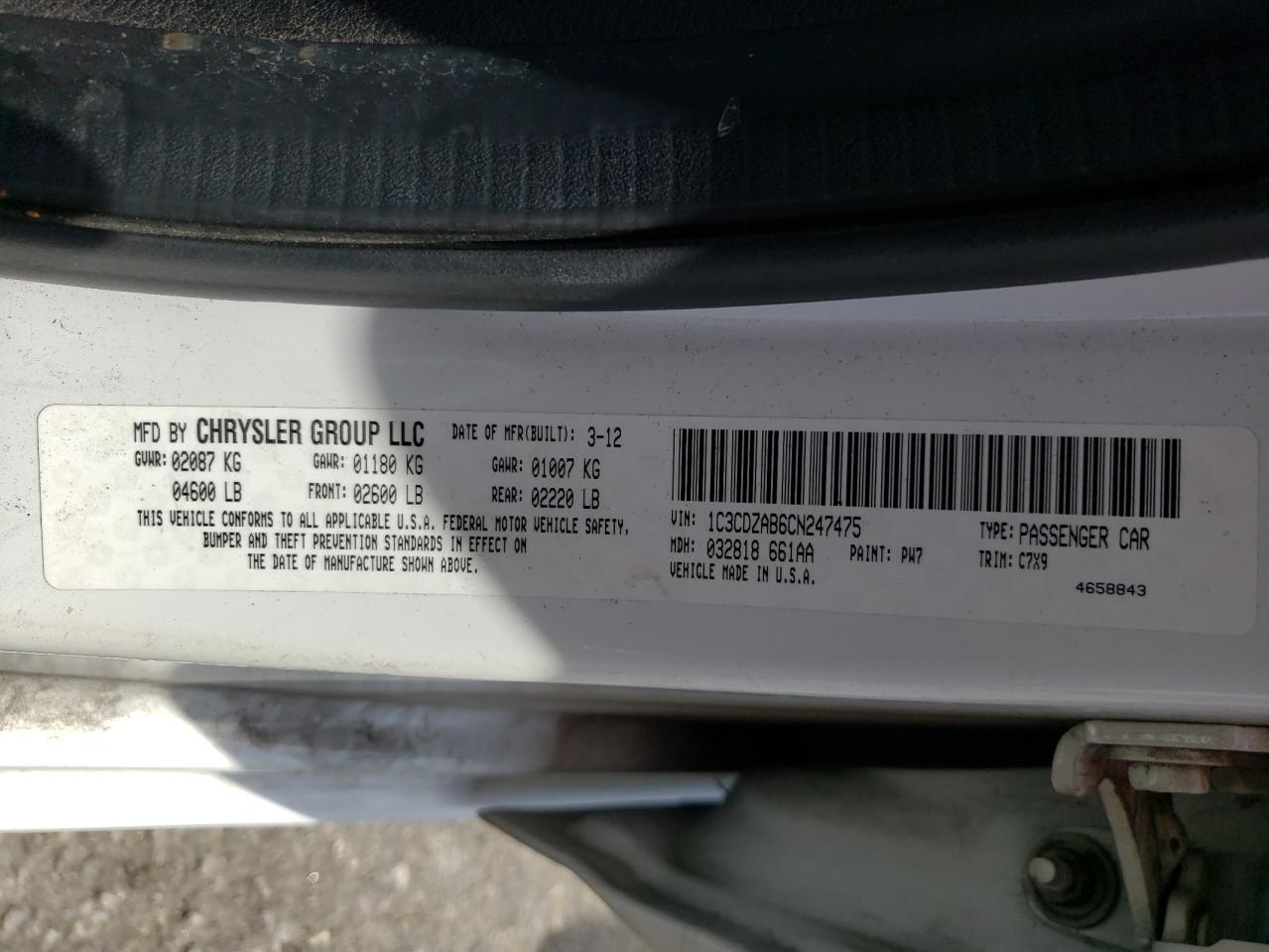 Photo 10 from auction – 2012 DODGE AVENGER SE with VIN 1C3CDZAB6CN247475