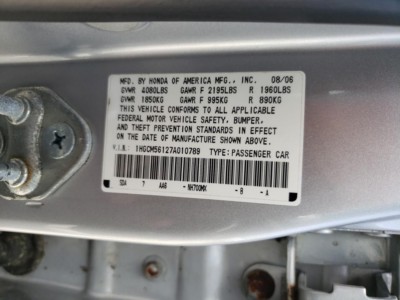 Photo 10 from auction – 2007 HONDA ACCORD VAL with VIN 1HGCM56127A010789
