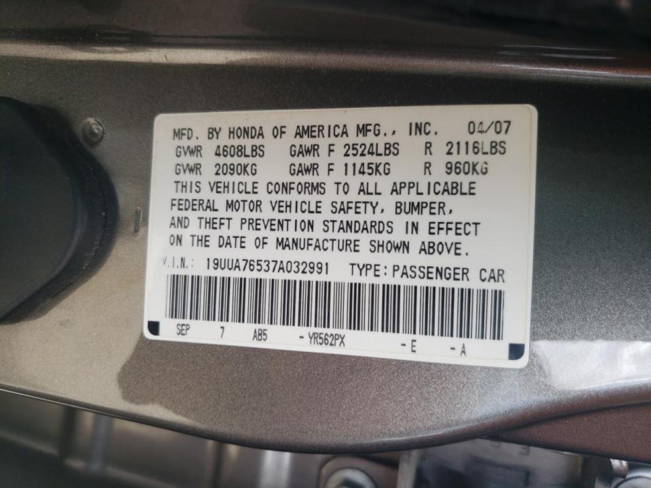 Photo 10 from auction – 2007 ACURA TL with VIN 19UUA76537A032991
