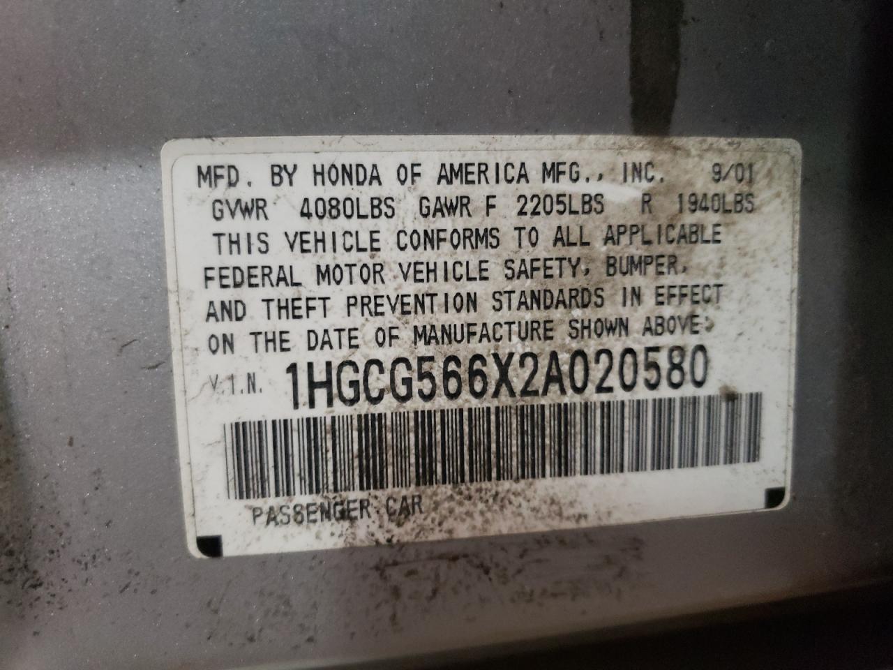 Photo 10 from auction – 2002 HONDA ACCORD with VIN 1HGCG566X2A020580