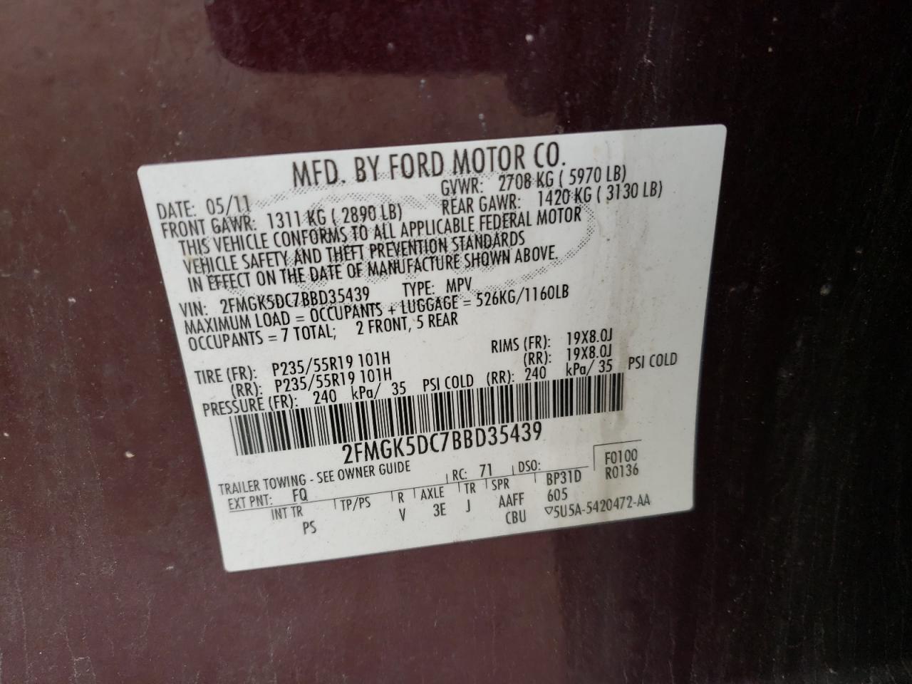 Photo 10 from auction – 2011 FORD FLEX LIMIT with VIN 2FMGK5DC7BBD35439
