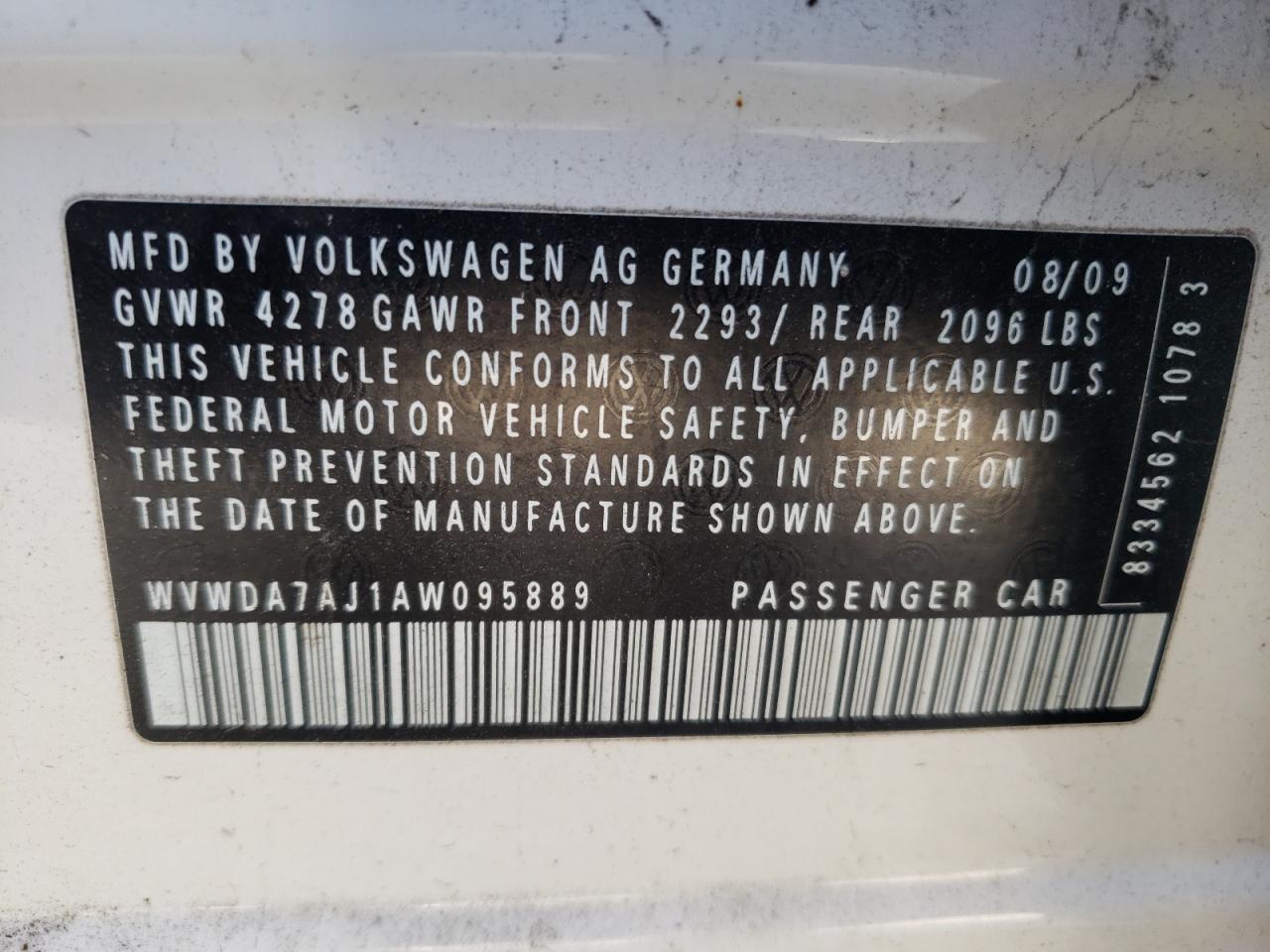 Photo 10 from auction – 2010 VOLKSWAGEN GOLF with VIN WVWDA7AJ1AW095889