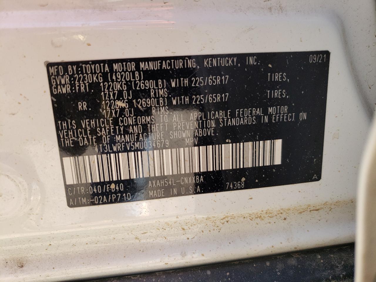 Photo 10 from auction – 2021 TOYOTA RAV4 LE with VIN 4T3LWRFV5MU034679