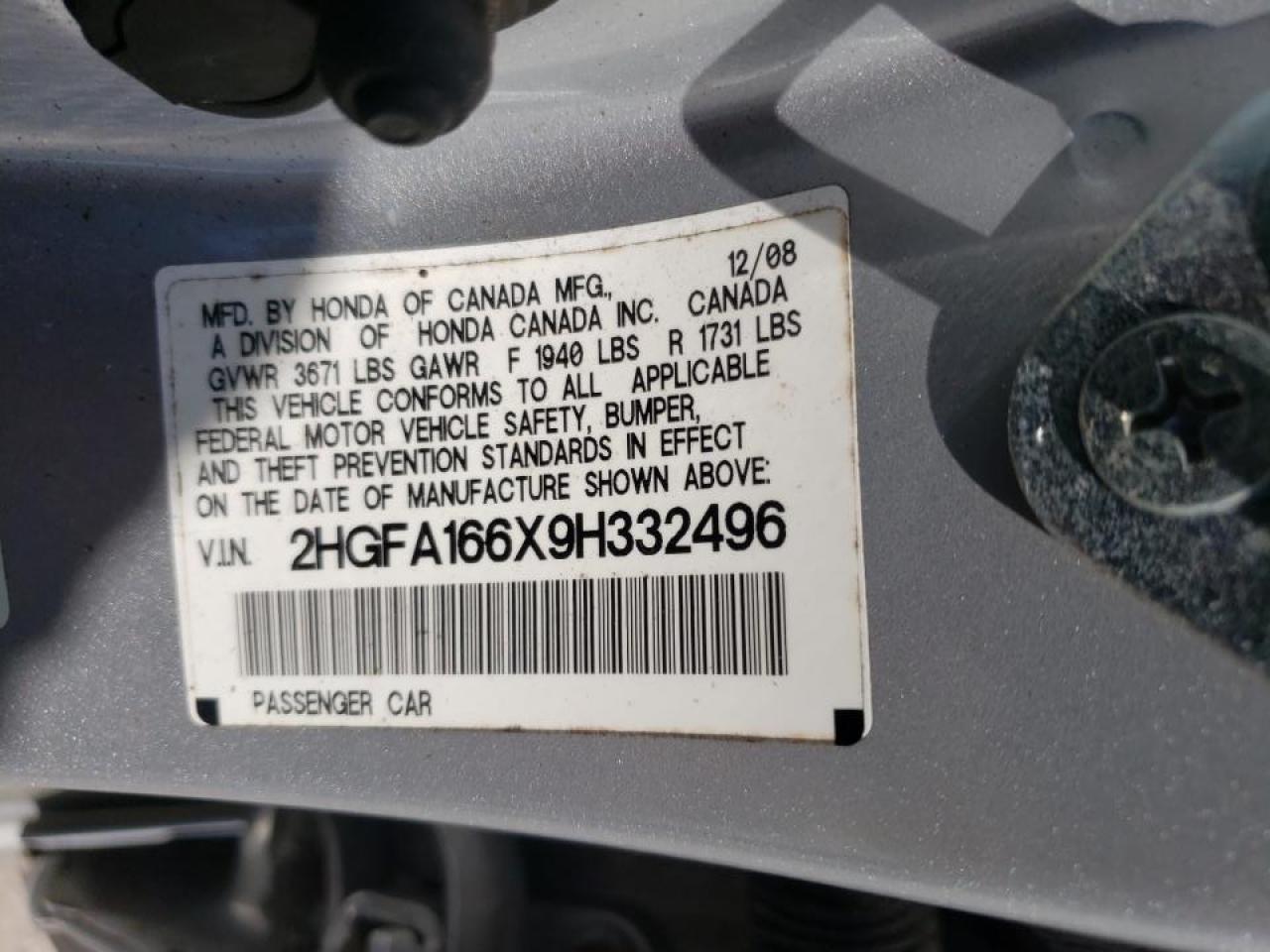 Photo 10 from auction – 2009 HONDA CIVIC LX-S with VIN 2HGFA166X9H332496