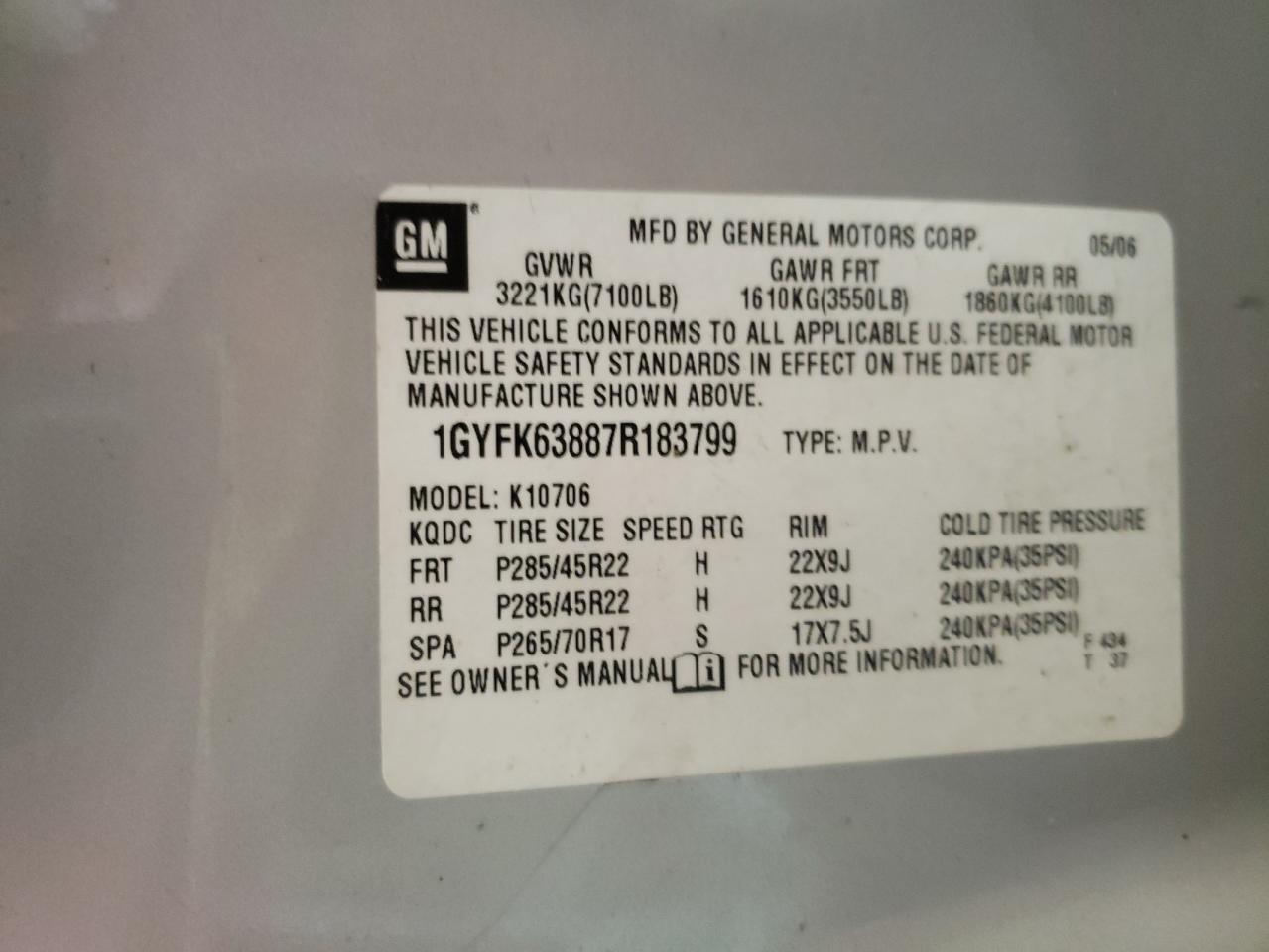 Photo 10 from auction – 2007 CADILLAC ESCALADE L with VIN 1GYFK63887R183799