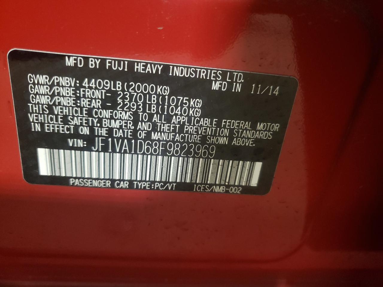 Photo 10 from auction – 2015 SUBARU WRX PREMIU with VIN JF1VA1D68F9823969