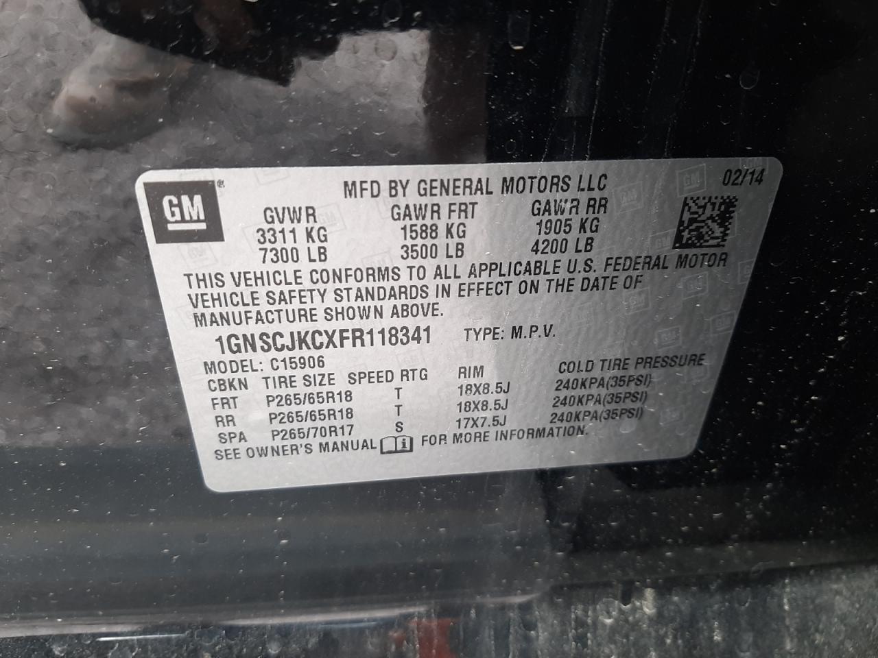 Photo 10 from auction – 2015 CHEVROLET SUBURBAN C with VIN 1GNSCJKCXFR118341