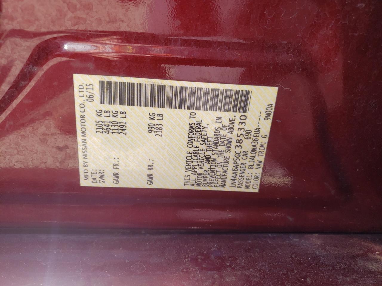Photo 10 from auction – 2016 NISSAN MAXIMA 3.5 with VIN 1N4AA6AP5GC385330