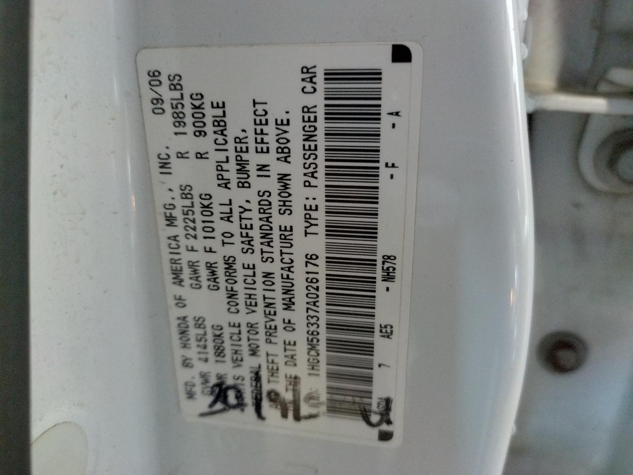 Photo 10 from auction – 2007 HONDA ACCORD with VIN 1HGCM56337A026176