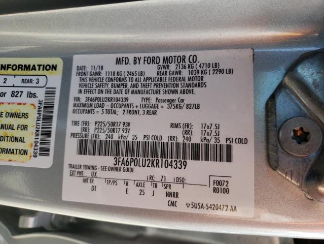 Photo 10 from auction – 2019 FORD FUSION SE with VIN 3FA6P0LU2KR104339
