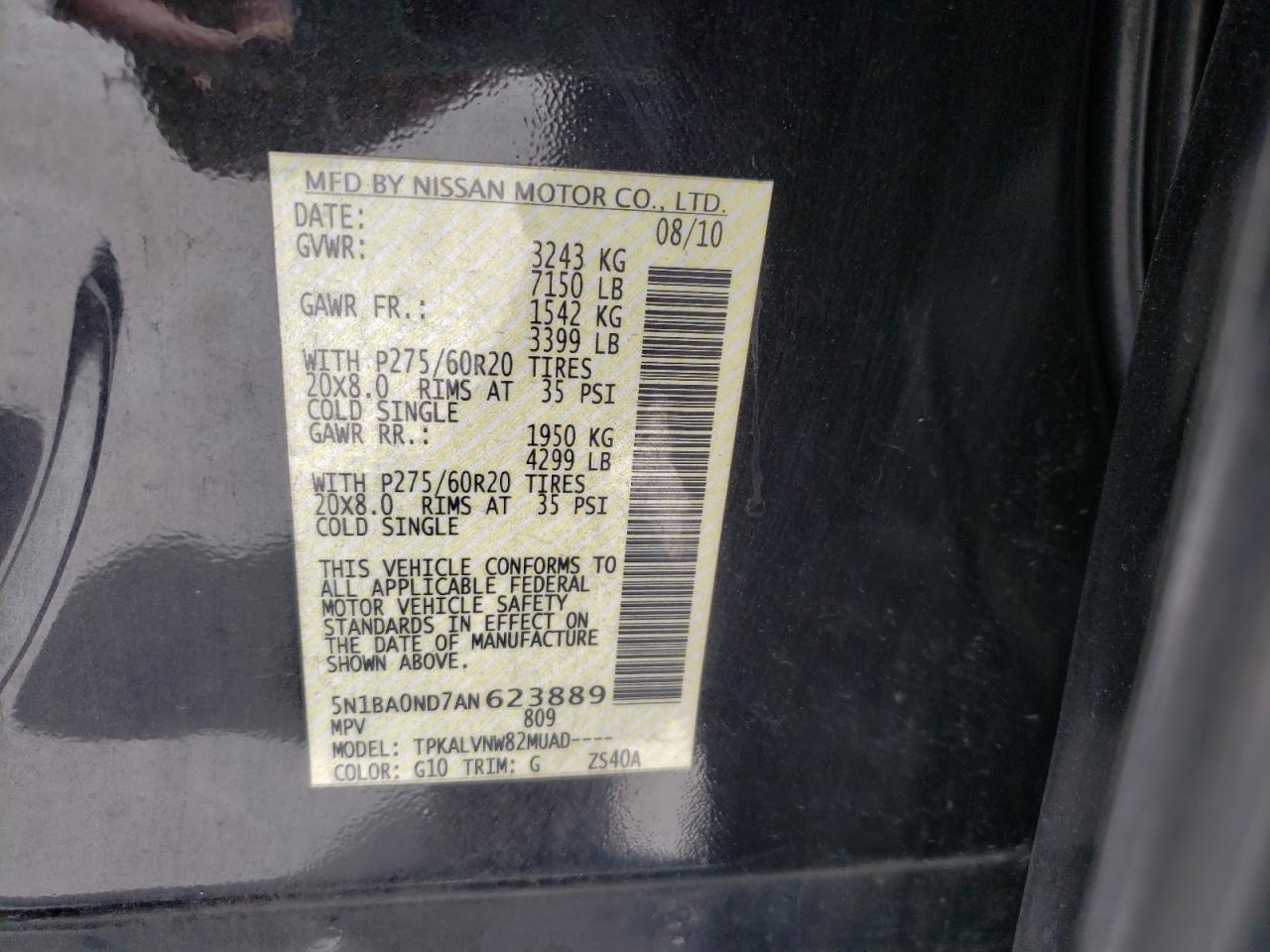 Photo 10 from auction – 2010 NISSAN ARMADA SE with VIN 5N1BA0ND7AN623889