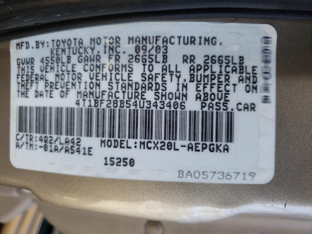 Photo 10 from auction – 2004 TOYOTA AVALON XL with VIN 4T1BF28B54U343406