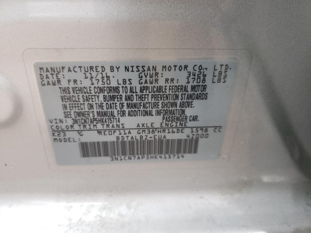 Photo 10 from auction – 2017 NISSAN VERSA S with VIN 3N1CN7AP5HK415714