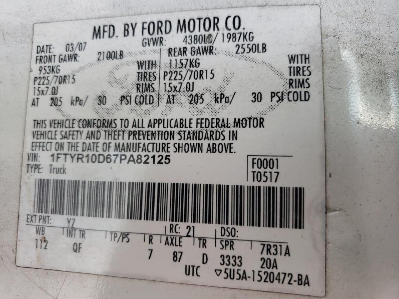 Photo 10 from auction – 2007 FORD RANGER with VIN 1FTYR10D67PA82125