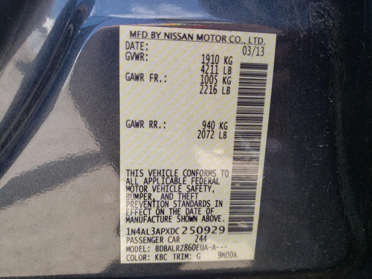 Photo 10 from auction – 2013 NISSAN ALTIMA 2.5 with VIN 1N4AL3APXDC250929