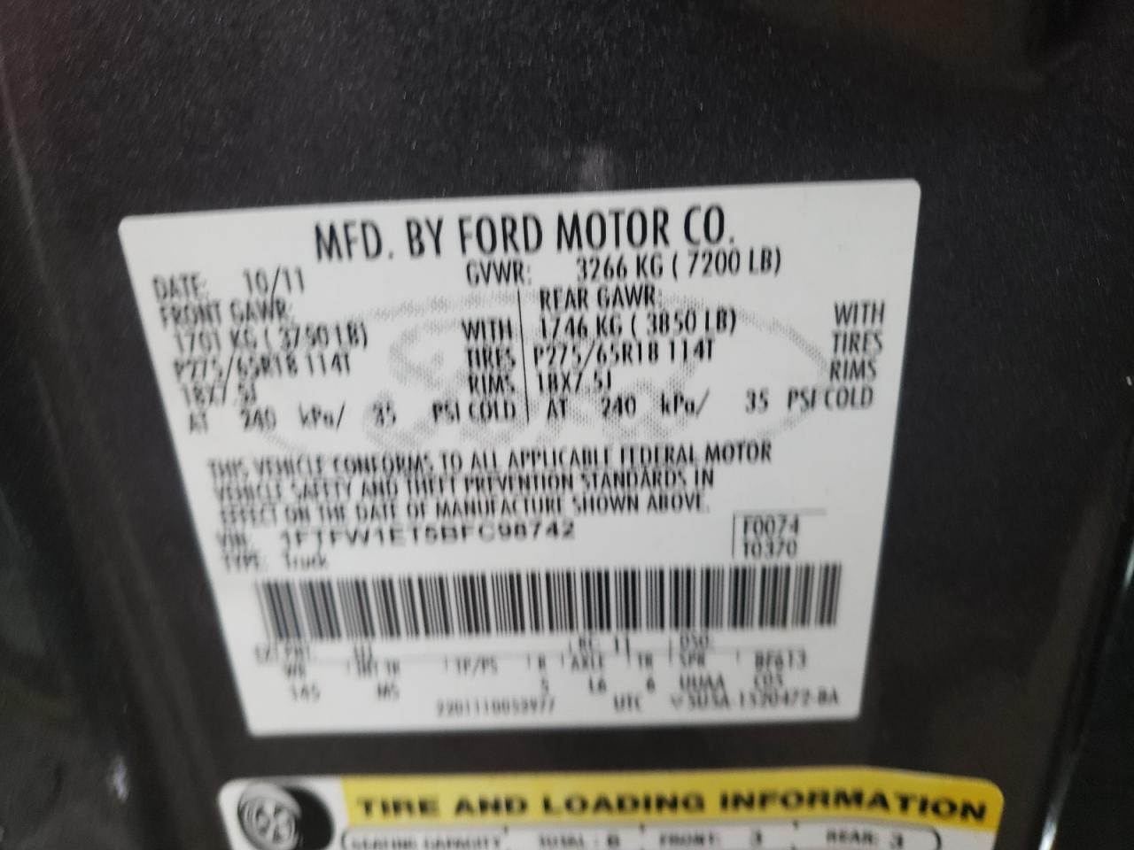 Photo 10 from auction – 2011 FORD F150 SUPER with VIN 1FTFW1ET5BFC98742