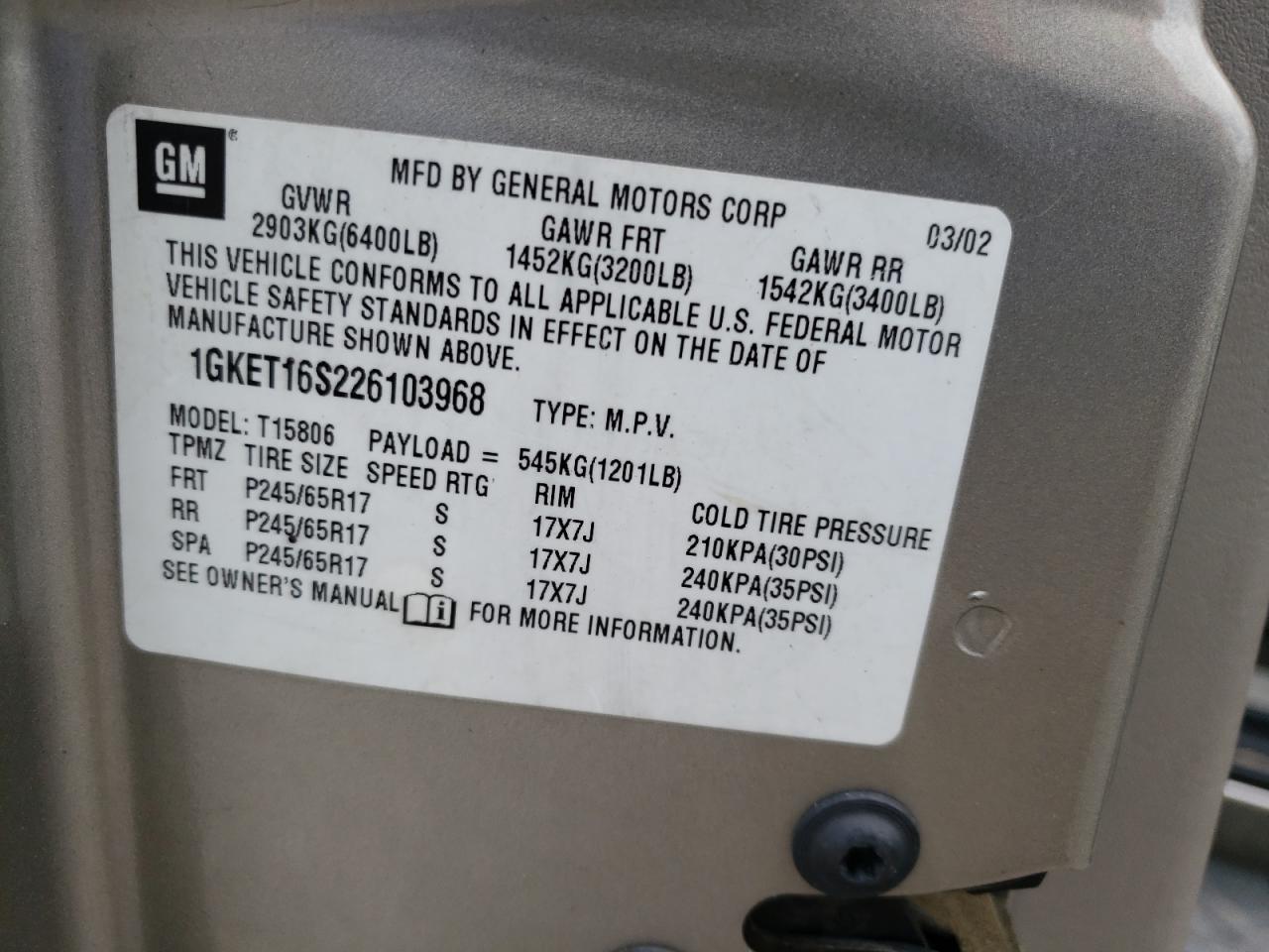 Photo 10 from auction – 2002 GMC ENVOY XL with VIN 1GKET16S226103968
