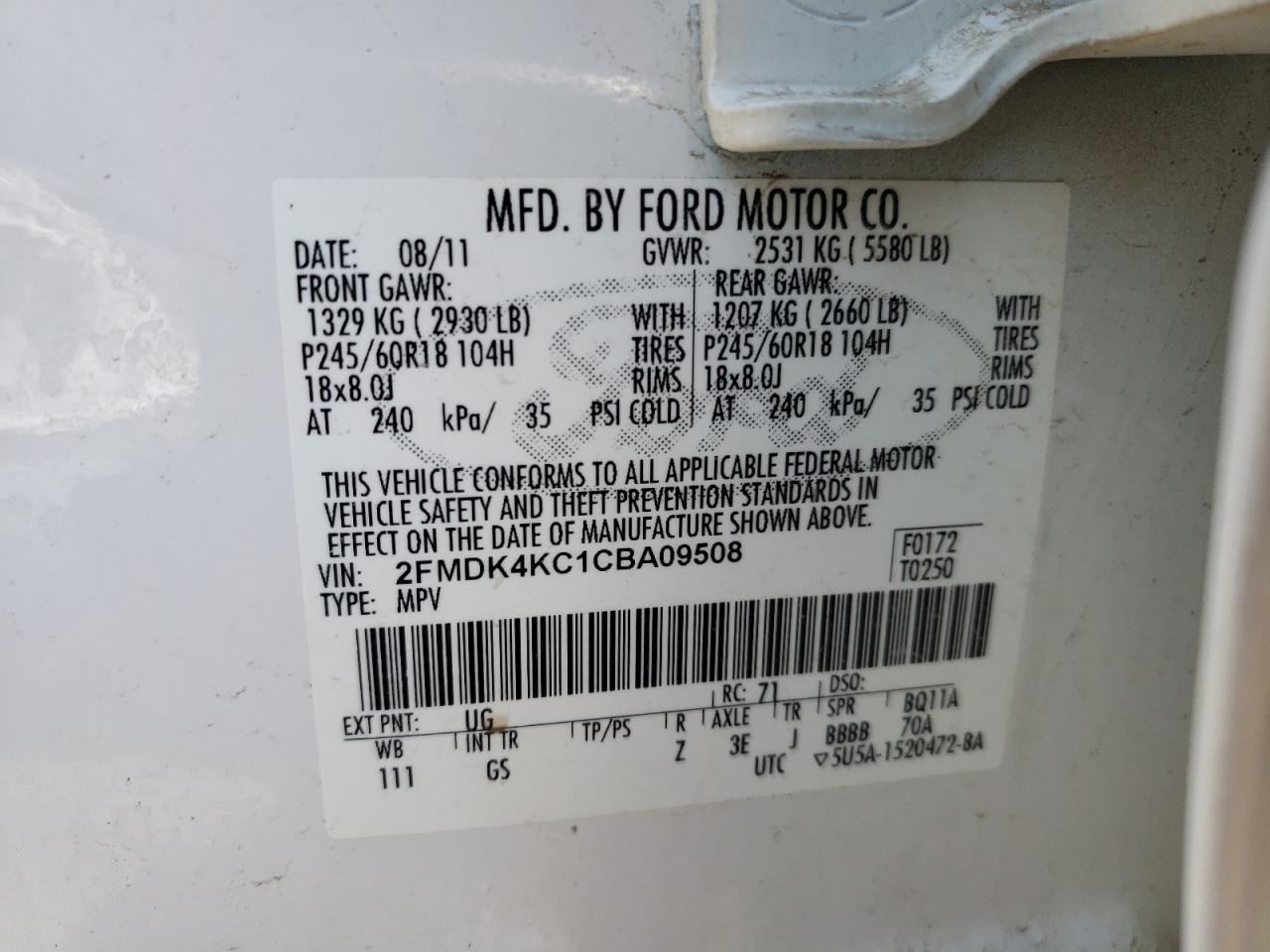Photo 10 from auction – 2012 FORD EDGE LIMIT with VIN 2FMDK4KC1CBA09508