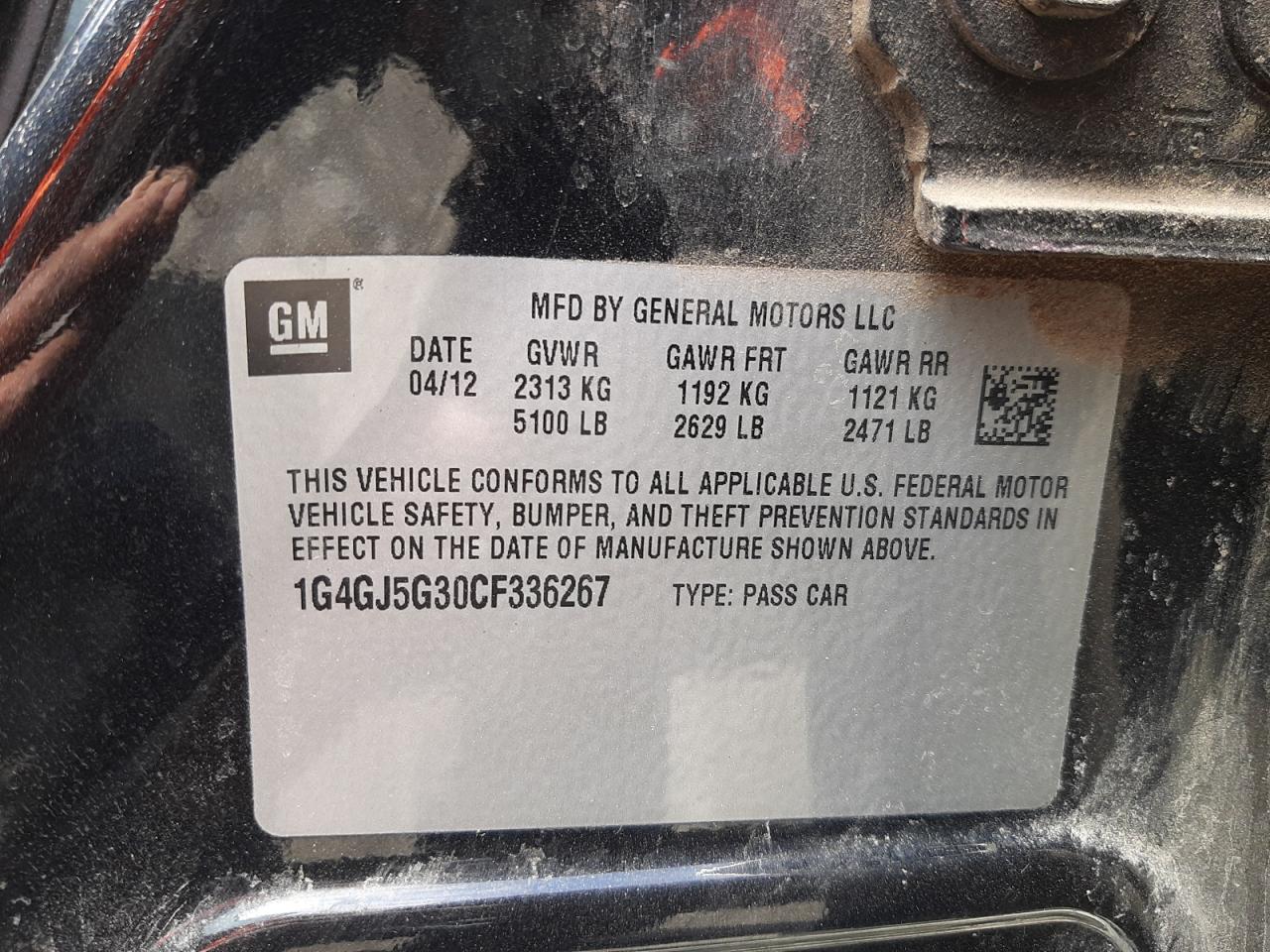 Photo 10 from auction – 2012 BUICK LACROSSE T with VIN 1G4GJ5G30CF336267
