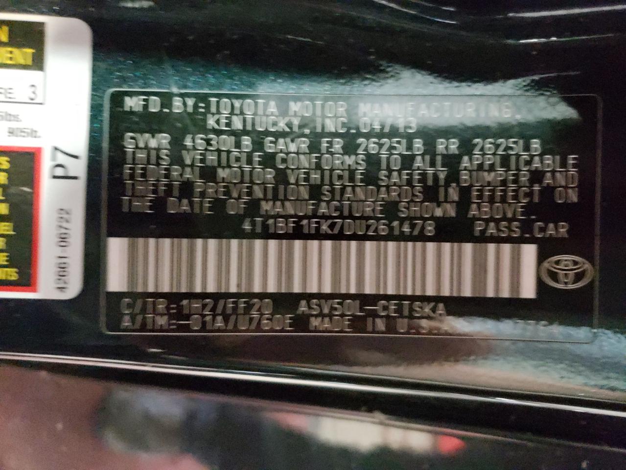 Photo 10 from auction – 2013 TOYOTA CAMRY L with VIN 4T1BF1FK7DU261478