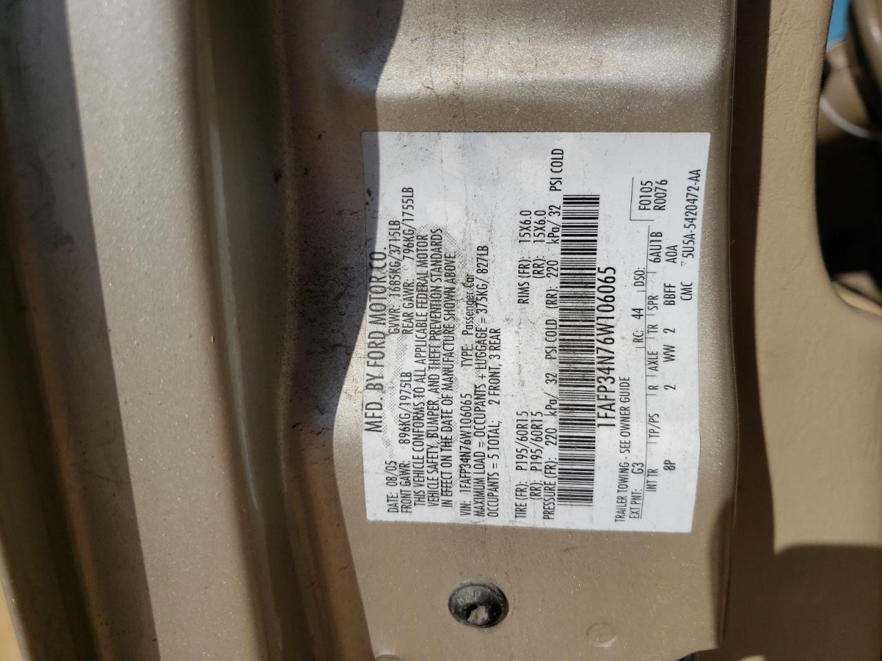 Photo 10 from auction – 2006 FORD FOCUS ZX4 with VIN 1FAFP34N76W106065