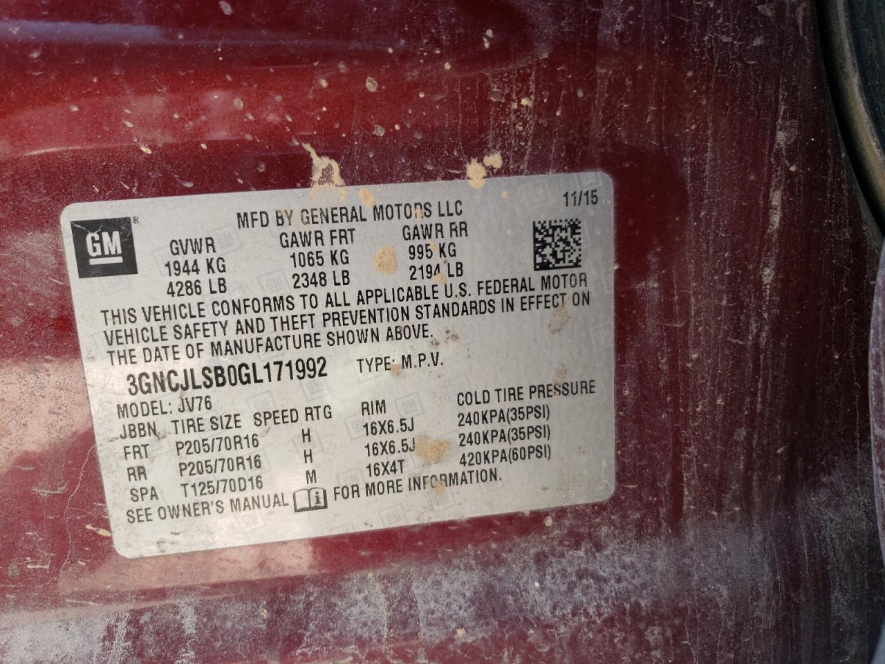 Photo 10 from auction – 2016 CHEVROLET TRAX 1LT with VIN 3GNCJLSB0GL171992