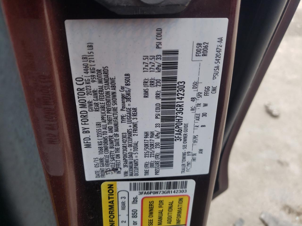Photo 10 from auction – 2016 FORD FUSION SE with VIN 3FA6P0H73GR142303