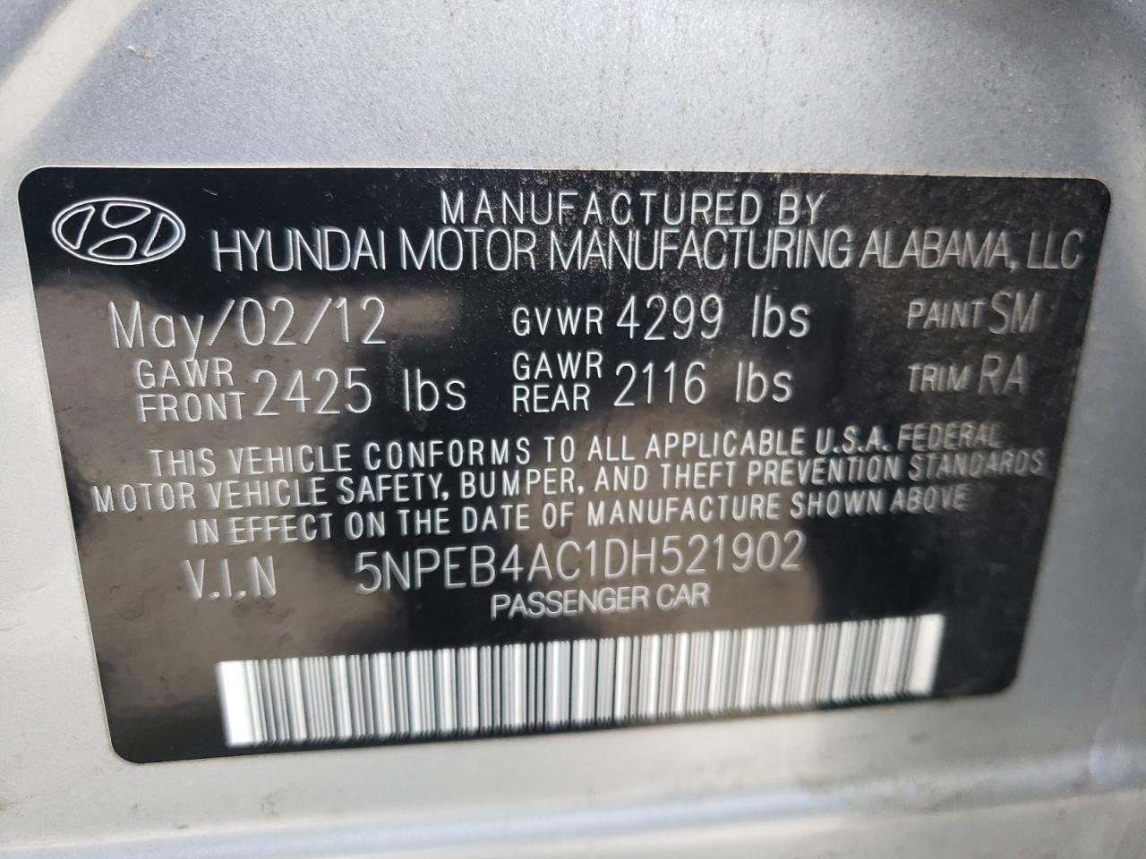 Photo 10 from auction – 2013 HYUNDAI SONATA GLS with VIN 5NPEB4AC1DH521902