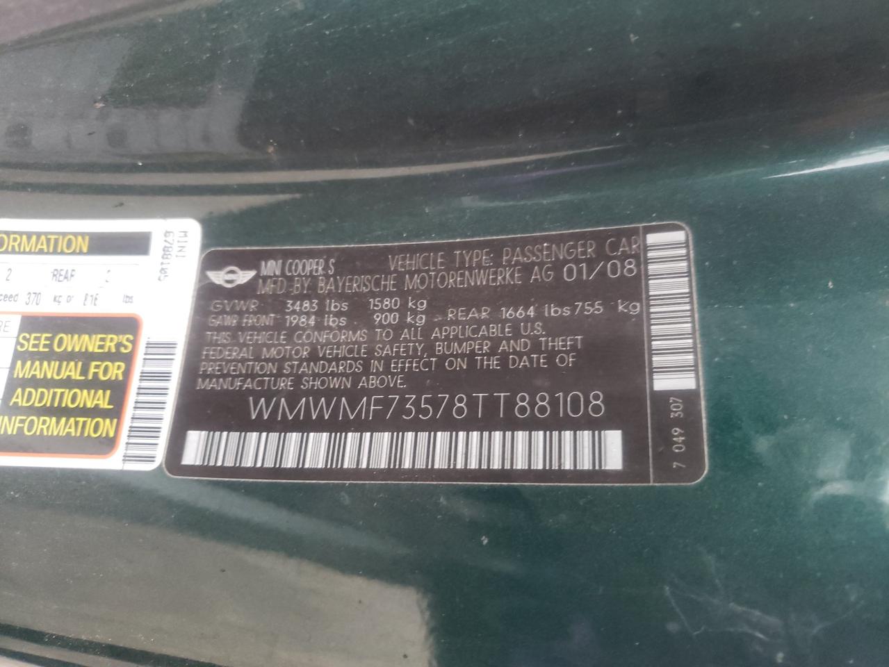 Photo 10 from auction – 2008 MINI COOPER S with VIN WMWMF73578TT88108
