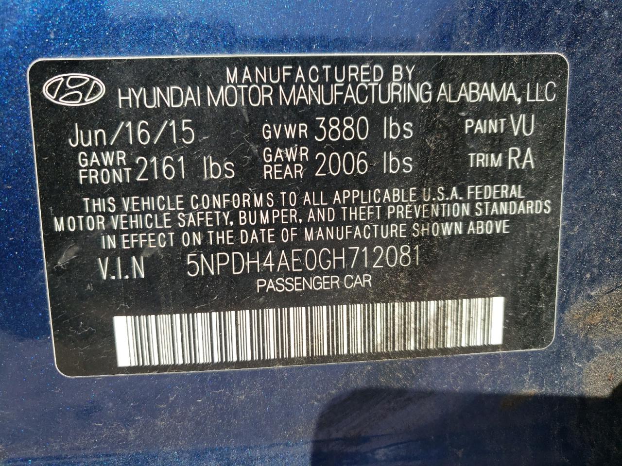Photo 10 from auction – 2016 HYUNDAI ELANTRA SE with VIN 5NPDH4AE0GH712081
