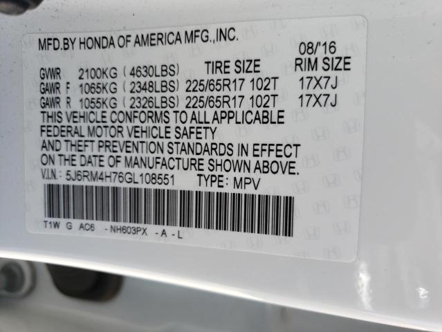 Photo 10 from auction – 2016 HONDA CR-V EXL with VIN 5J6RM4H76GL108551