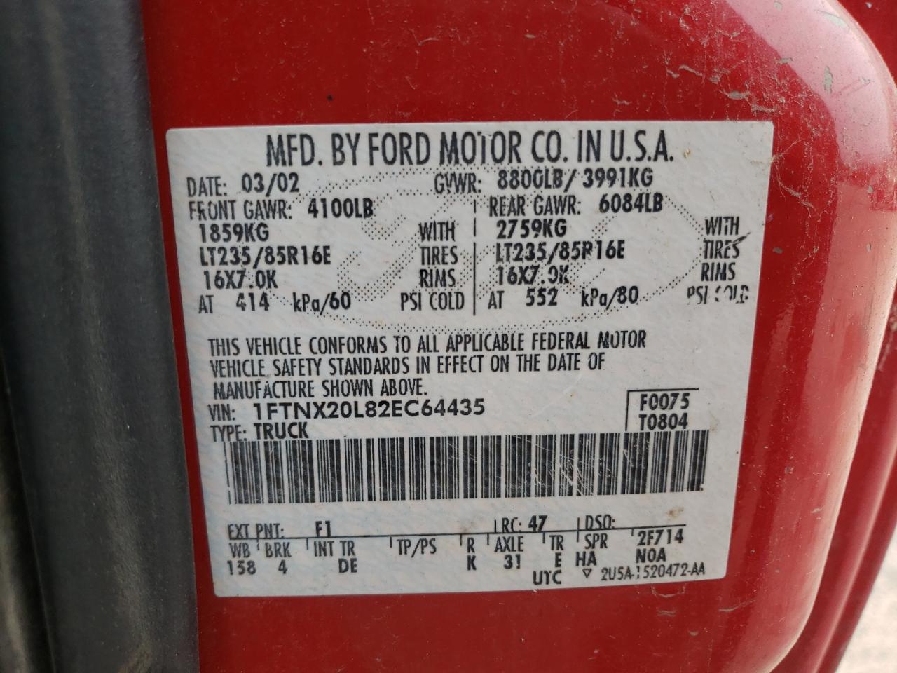 Photo 10 from auction – 2002 FORD F250 SUPER with VIN 1FTNX20L82EC64435