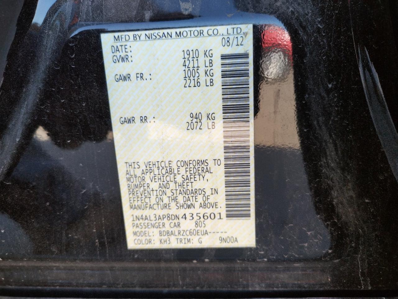 Photo 10 from auction – 2013 NISSAN ALTIMA 2.5 with VIN 1N4AL3AP8DN435601