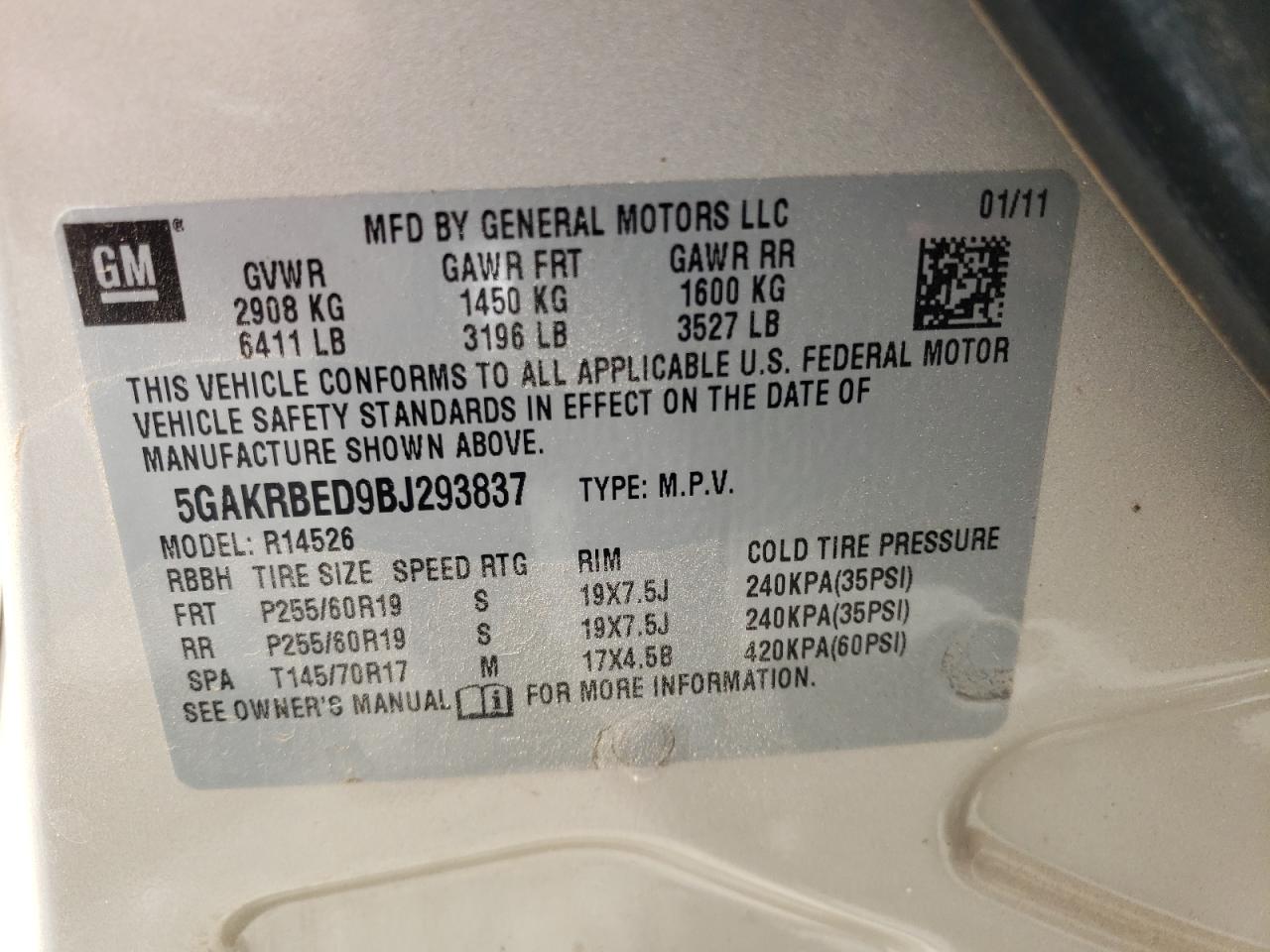 Photo 20 from auction – 2011 BUICK ENCLAVE CX with VIN 5GAKRBED9BJ293837