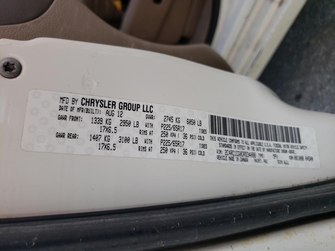Photo 10 from auction – 2013 CHRYSLER TOWN & COU with VIN 2C4RC1CG0DR534088