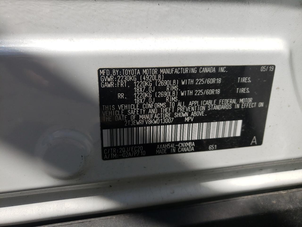 Photo 10 from auction – 2019 TOYOTA RAV4 XSE with VIN 2T3EWRFV8KW013007