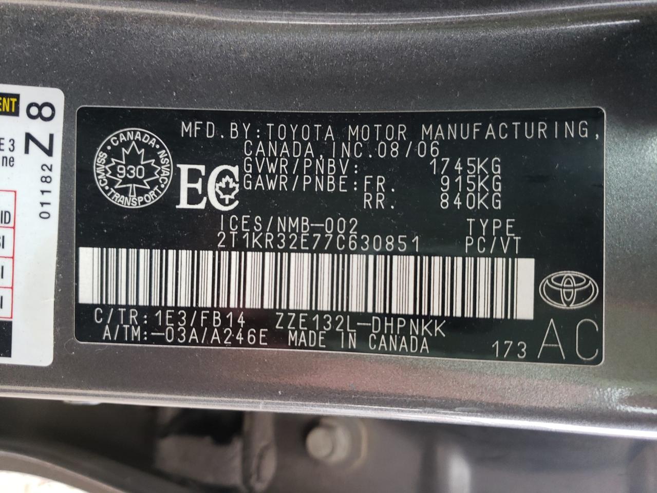 Photo 10 from auction – 2007 TOYOTA COROLLA MA with VIN 2T1KR32E77C630851