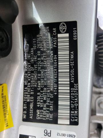 Photo 10 from auction – 2012 TOYOTA CAMRY BASE with VIN 4T4BF1FK6CR166494