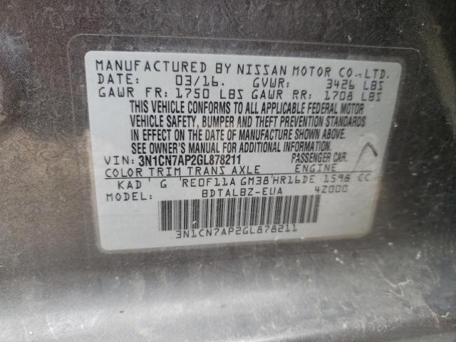 Photo 10 from auction – 2016 NISSAN VERSA S with VIN 3N1CN7AP2GL878211