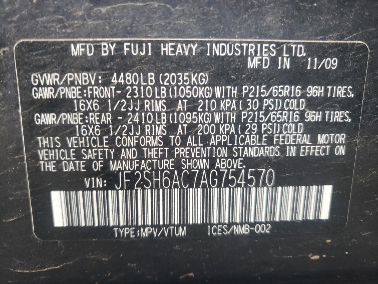 Photo 10 from auction – 2010 SUBARU FORESTER 2 with VIN JF2SH6AC7AG754570